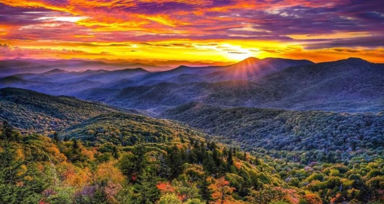 blue ridge mountains looking at ridgeline behind ridgelines; very colorful sky